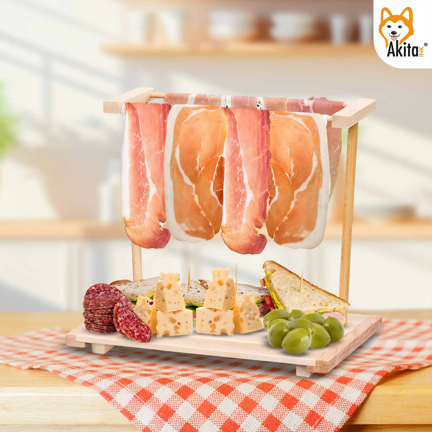 Tagliere per Aperitivo Appendi Prosciutto in Legno di Faggio 40x22.5x31 cm foto 3